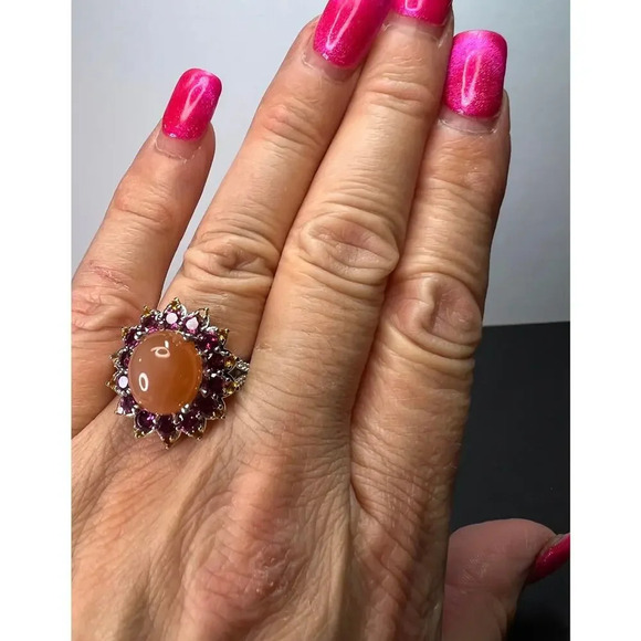 NEW Peach moonstone rhodolite garnet ring in sterling silver size 7 - Picture 11 of 16